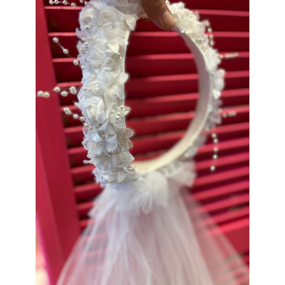 White Floral Bridal Crown Headband w/ Tiered Pearl Tulle Veil Wedding Accessory